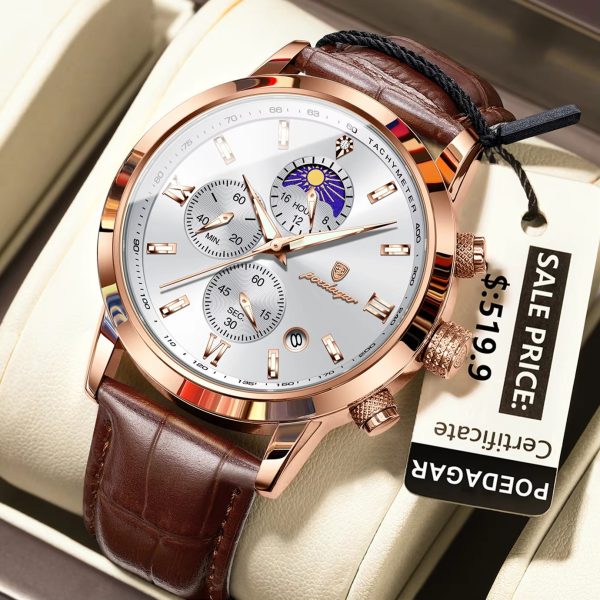 POEDAGAR 882 Waterproof Date Chronograph Leather Quartz Men's Watches